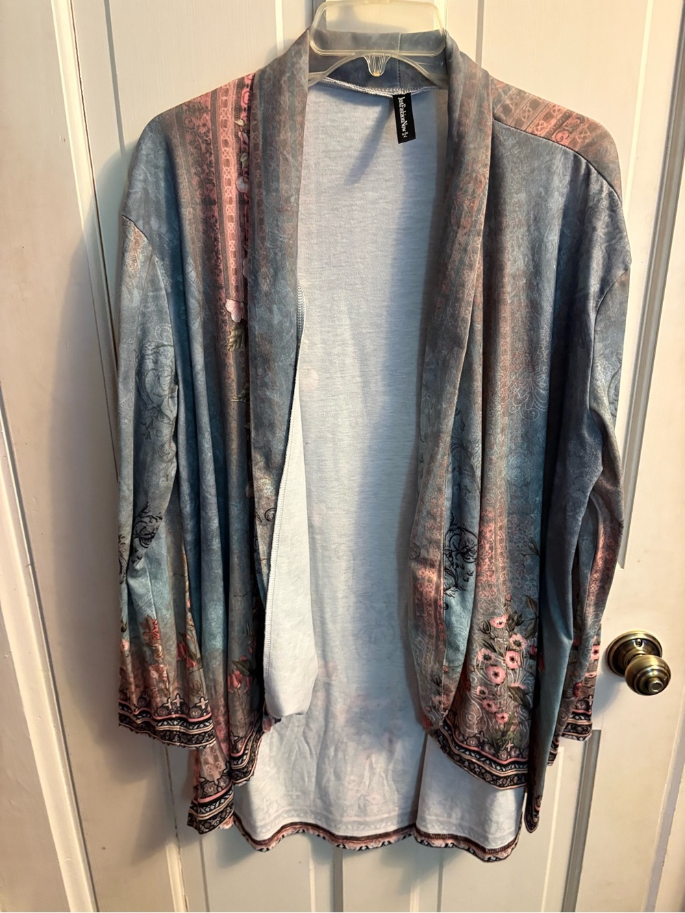 Light Blue & Pink Floral Open Front Kimono Jacket - just fashion now xl